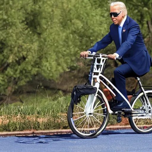 Prompt: joe biden riding a bike with training wheels on