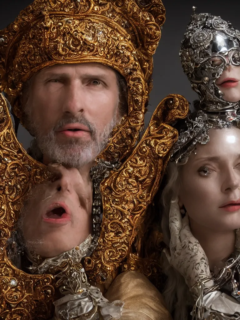 Image similar to a high-resolution color-chrome extreme closeup portrait photo of a medieval priest, kissing a incredible elegant pale renaissance rococo Queen, with ornate jewelled, rococo Queen, sci-fi, high-tech, beautiful low light, style Steve McCurry Octane render 8k