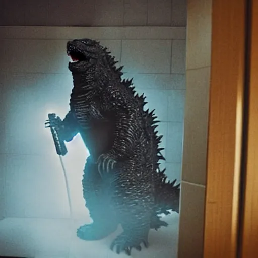 Prompt: godzilla in the bathroom brushing his teeth, electric toothbrush