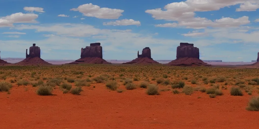 Image similar to a Monument Valley scenery, camps in the background