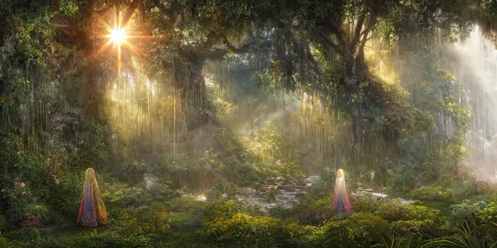 Image similar to long shot of a bright sun shining through a gardens in the bay interior, mystical woman wearing a cloak walking in over grown botanical garden, pre raphaelite, atmospheric, ground mist, waterfalls, light streams, style of gardens in the bay singapore, art by artgerm, sharp, intricate detail,