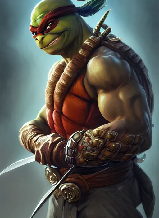 Prompt: Portrait of ninja turtle, D&D, muscular, fantasy, intricate, elegant, highly detailed, digital painting, artstation, concept art, smooth, sharp focus, illustration, art by artgerm and greg rutkowski and alphonse mucha