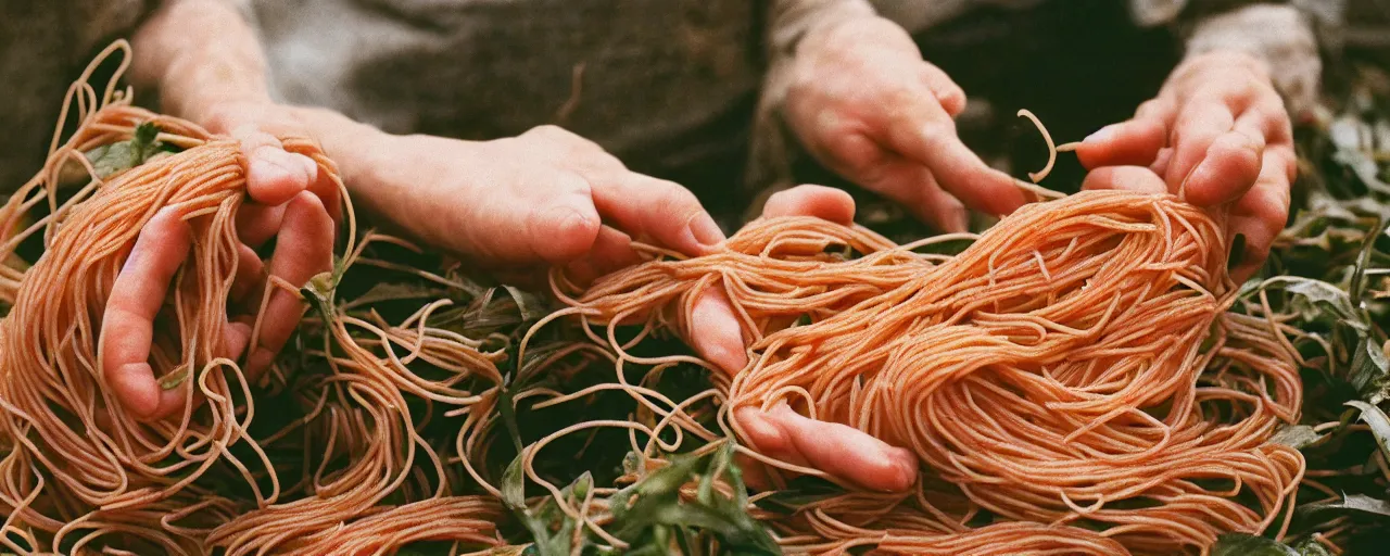 Image similar to medium shot of hands harvesting spaghetti that's growing on a plant, on a farm, canon 5 0 mm, cinematic lighting, photography, retro, film, kodachrome