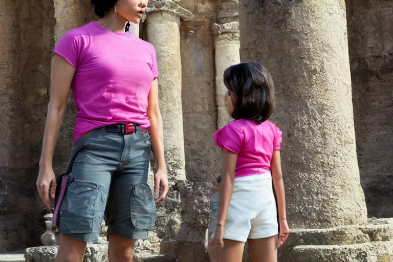 Image similar to Isabela Merced as Dora the Explorer wearing a pink shirt vs Angelina Jolie as Lara Croft wearing a white shirt standing in an ancient temple, high resolution movie still, film by Simon West