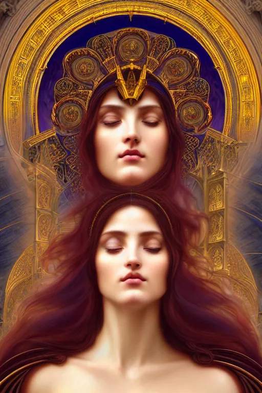 Prompt: portrait of a beautiful goddess face merging with a cathedral building, unusual beauty, etheric, emotionally evoking symbolic metaphors, head in focus, fantasy, ornamental, intricate, elegant, sensual, highly detailed digital painting, artstation, concept art, painterly, golden ratio, sharp focus, illustration, art by Antonio Mora and John William Godward and Alphonse Mucha and Zdzisław Beksiński,