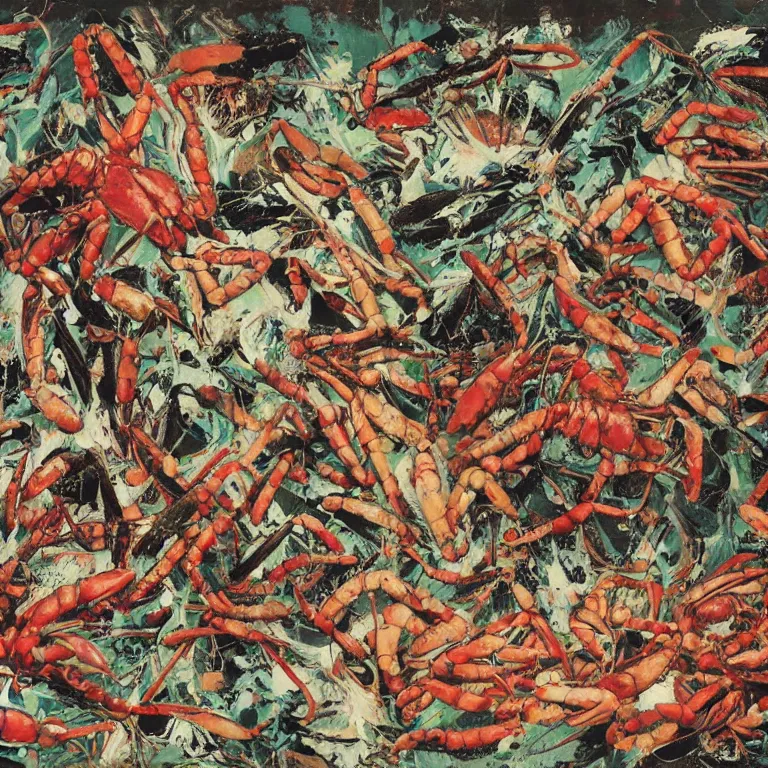 Prompt: Pasiphae by Jackson Pollock, meeting God, lobsters, coral, worms, larvae, Strawberry Jam by Animal Collective, realistic photograph of fruit