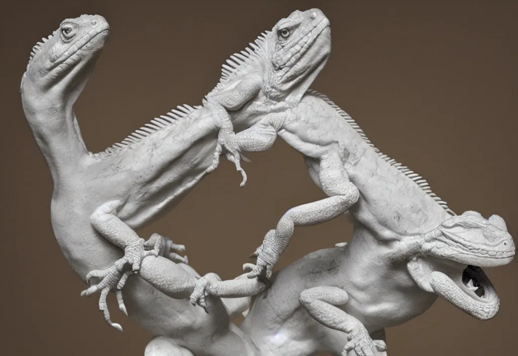 Image similar to photograph of a sculpture on marble white of a iguana , made from Gian Lorenzo Bernini, artstation, hyper realistic, drammatic light