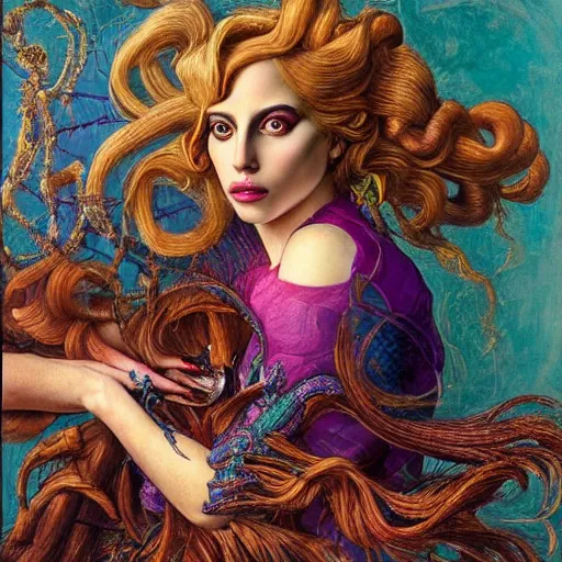 Image similar to lady gaga artpop act ii album, intricate detail, hyper detail, gaston bussiere, sandro botticelli style, with neon aqua rapunzel dreadlocks, detailed, masterpiece, sharp focus,