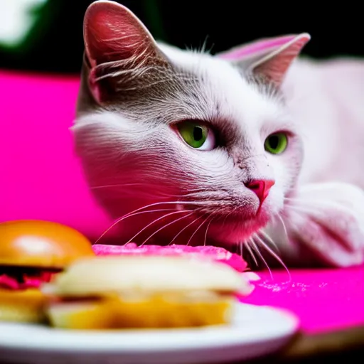 Image similar to photo of a pink cat, biting a hamburger, munching on a hamburger, eating a hamburger, pink cat