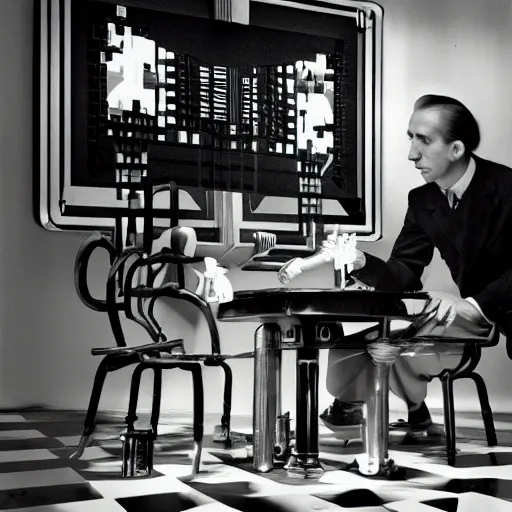 Image similar to filmstill of Marcel Duchamp playing chess against a futuristic machine, long exposure, minimal composition, packshot, archival pigment print