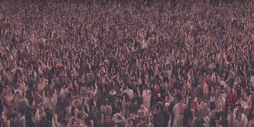 Image similar to realistic cinematic views of a crowd of anonymous with blurred face, hyper detailed, hyper realistic, digital painting, 8k, 35mm film grain, octane render