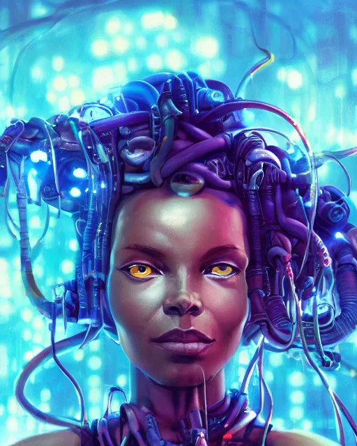Image similar to muted, african plains, a cyberpunk close up portrait of cyborg medusa, electricity, snakes in hair, sparks, bokeh, soft focus, skin tones, warm, sky blue, daylight, by paul lehr, jesper ejsing