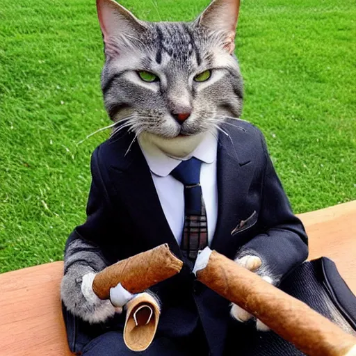 Image similar to cat wearing a suit smoking a cigar