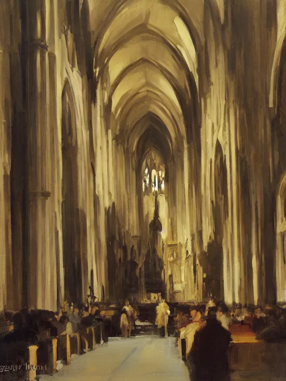 Prompt: the inside of a cathedral by Gregory manchess
