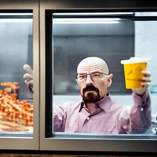 Prompt: walter white at mcdonalds window, serving food