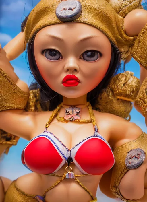 Image similar to closeup of a tin toy bikini girl, depth of field, zeiss lens, detailed, symmetrical, centered, fashion photoshoot, by nicoletta ceccoli, mark ryden, lostfish, earl nore, hyung tae, frank frazetta, breathtaking, 8 k resolution, extremely detailed, beautiful, establishing shot, artistic, hyperrealistic, octane render