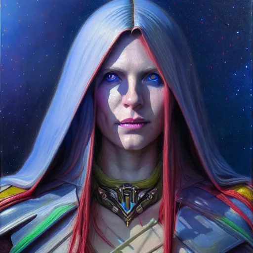 Image similar to ( ( ( ( ( hyperrealist distant portrait of sylvanas windrunner on a blue planet where it rains colors. ) ) ) ) ) by donato giancola, fantasy, photorealistic, octane render, unreal engine, dynamic lighting, trending on artstation, poster, volumetric lighting, very detailed faces, 4 k, award winning