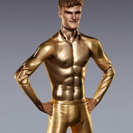 Prompt: a realistic detailed photo of a guy who is an attractive humanoid who is half robot and half humanoid, who is a male android, soccer players martin ødegaard & timo werner, shiny skin, posing like a statue, blank stare, in a living room, on display, showing off his muscles, gold soccer shorts, side view