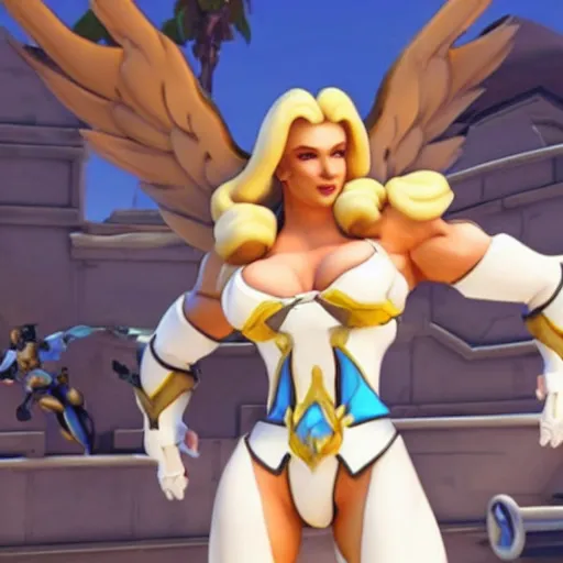 Image similar to a screenshot of arnold schwarzenegger as mercy in overwatch