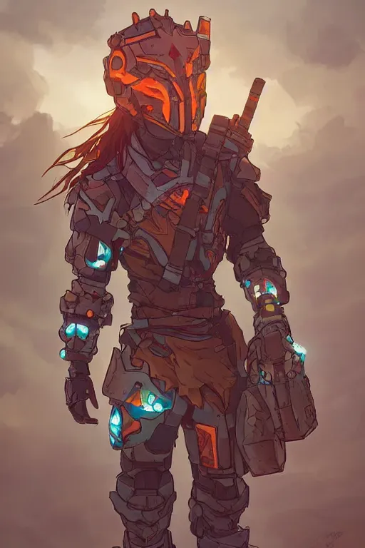 Image similar to combination suit armor aloy horizon forbidden west horizon zero dawn robot ninja mask helmet backpack tribal, art gta 5 comics, official fanart behance hd artstation by jesper ejsing, by rhads, makoto shinkai and lois van baarle, ilya kuvshinov, ossdraws radiating a glowing aura cgi rtx 2 0 2 2