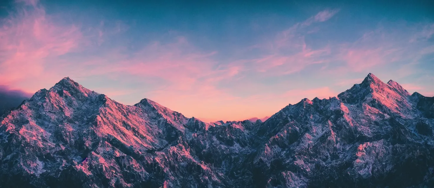 Image similar to beautiful mountain landscape, vaporwave, sunset, professional photography