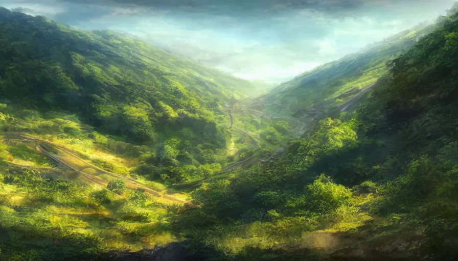 Image similar to panorama train line through valley, green hills, matte painting, artstation, sunrise, blue sky