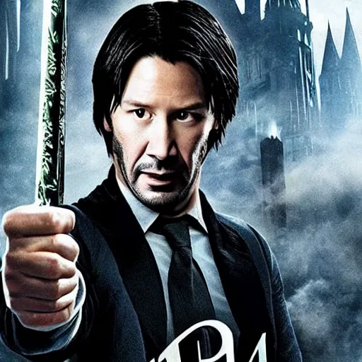 Image similar to Keanu Reaves playing Harry Potter in Harry Potter and the Rise Of The Machines Movie Poster