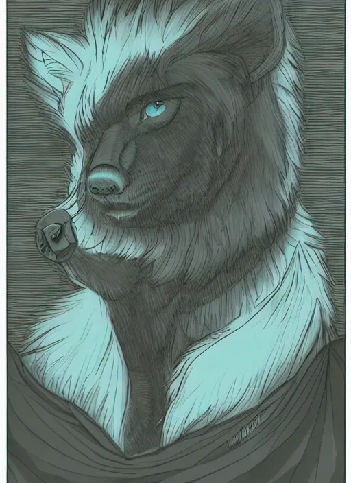 Image similar to a beautiful portrait commission of a gloomy male furry anthro flating in a dark somber void, detailed, inked, minty atmosphere