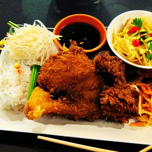 Image similar to fried chicken, sticky rice, papaya salad, thai street food, advertisement, banner “