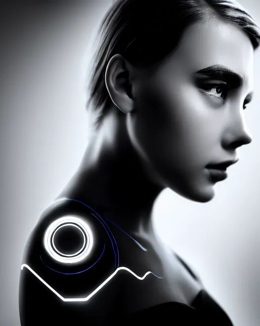 Image similar to black and white dreamy young beautiful female cyborg high quality portrait photo, microchip skin, artificial intelligence, cinematic, rim light, photo - realistic, elegant, high detail, 8 k, masterpiece, photo taken in 1 9 3 0