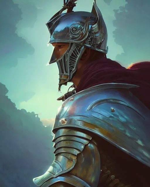 Image similar to highly detailed vfx portrait of a fantasy knight, stephen bliss, unreal engine, greg rutkowski, loish, rhads, beeple, makoto shinkai and lois van baarle, ilya kuvshinov, rossdraws, tom bagshaw, alphonse mucha, global illumination, detailed and intricate environment