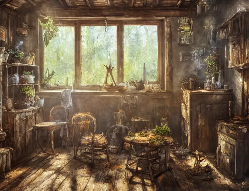 Image similar to expressive rustic oil painting, interior view of a cluttered herbalist cottage, waxy candles, burning herbs hazy, dried herbs, cabinets, wood furnishings, herbs hanging, wood chair, light bloom, dust, ambient occlusion, morning, rays of light coming through windows, dim lighting, brush strokes oil painting