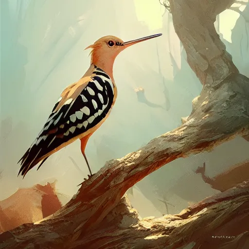 Image similar to hoopoe with open crest in avila pinewood, 4 k, concept art, by wlop, ilya kuvshinov, artgerm, krenz cushart, greg rutkowski, pixiv. cinematic dramatic atmosphere, sharp focus, volumetric lighting, cinematic lighting, studio quality