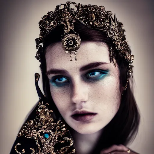 Image similar to a portrait of female model by stefan geselle, photorealistic, intricate details, hyper realistic, dark fantasy, ornate headpiece, dark beauty, photorealistic, canon r 3, photography, wide shot, photography, dark beauty