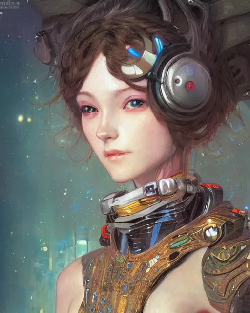 Prompt: portrait of cute beautiful young maiden, cyberpunk, Warhammer, highly detailed, artstation, illustration, art by Gustav Klimt and Range Murata