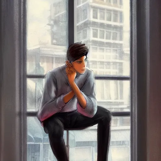Prompt: a male teenager sitting on a cafe and looking to a window, artgerm, anime style, pixar and disney style, path traced, color painting, anatomically correct, cinematic, high coherence, highly detailed, high quality, serene scene, colorful, symmetrical, beautiful, elegant, short black hair, vintage, realistic and detailed face