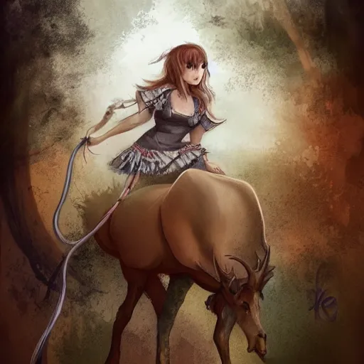 Image similar to girl in a dress riding a giant elk, trending on art station