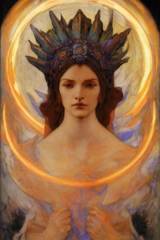 Prompt: goddess of the storm by Annie Swynnerton and Nicholas Roerich, strong dramatic cinematic lighting , ornate headdress , flowing robes, lost civilizations, smooth, sharp focus, extremely detailed