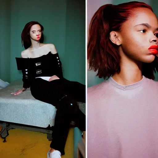 Image similar to realistic! photoshoot for a new vetements lookbook, color film photography, portrait of a beautiful woman, location in a apartment, in style of tyler mitchell, 35mm