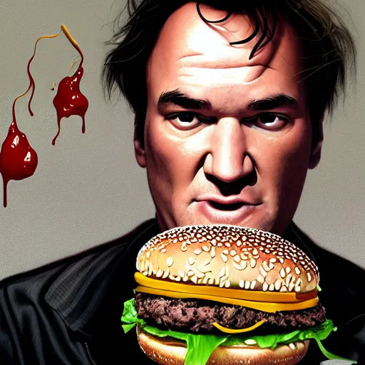 Image similar to portrait of Quentin Tarantino eating big mac hamburgers, extra onions and ketchup, hyperdetails, displacement mapped octane render, luscious patty with sesame seeds, ethereal, handsome, D&D, fantasy, intricate, elegant, highly detailed, digital painting, artstation, concept art, matte, sharp focus, illustration, art by Artgerm and Greg Rutkowski and Alphonse Mucha