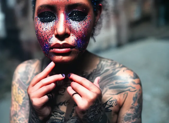 Prompt: photograph from above of a techwear mixed woman wearing thick mascara and dark glitter makeup crying outside of a city on fire, tattoos, Cinestill 50d, 4k, 8k, hd, full color