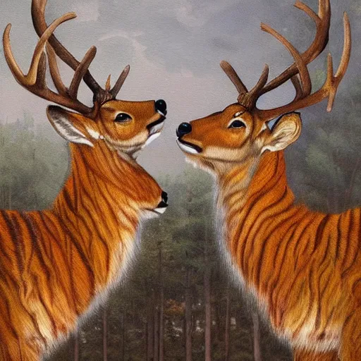 Image similar to a painting of deer in tiger skin and tiger in deer skin facing each other, their heads bowed towards ground by esao andrews