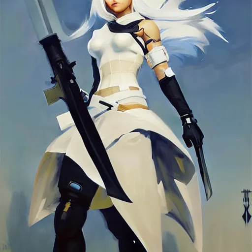 Image similar to greg manchess portrait painting of a 2 yorha type a no. 2 as overwatch character!! holding a sword!!, white long hair, organic painting, sunny day, matte painting, bold shapes, hard edges, street art, trending on artstation, by huang guangjian and gil elvgren and sachin teng