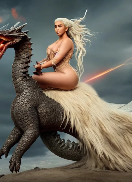 Image similar to full-body photograph of Kim Kardashian as Daenerys Targaryen riding a dragon blowing a flame, dracarus, majestic lighting, XF IQ4, 150MP, 50mm, F1.4, ISO 200, 1/160s, natural light