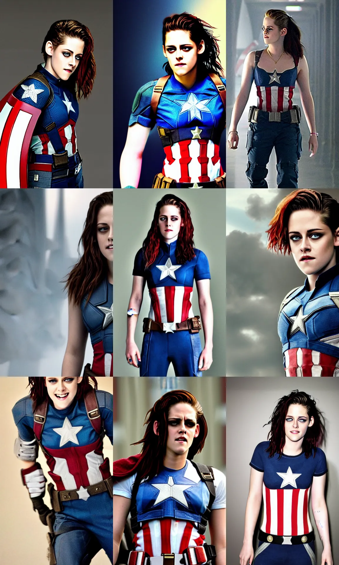 Prompt: Kristen Stewart as Captain America, smiling