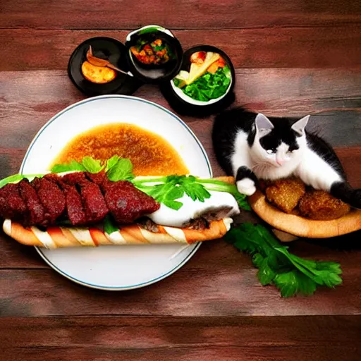 Prompt: cat - kebap - hybrid, animal photography, food photography, delivery service