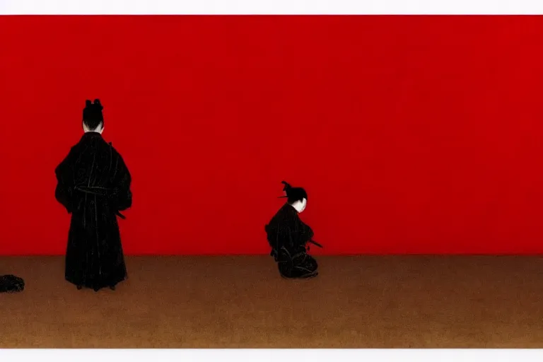 Image similar to only with red, a red samurai do seppuku, tokio, a lot of frogs watch, in the style of beksinski, parts by edward hopper, parts by rodcenko, parts by yue minjun, intricate and epic composition, red by caravaggio, insanely quality, highly detailed, masterpiece, red light, artstation, 4 k