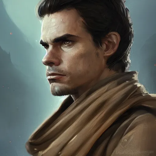 Prompt: portrait of a man by greg rutkowski, a jedi knight that looks like matt bomer, wearing brown robes, star wars expanded universe, he is about 3 0 years old, highly detailed portrait, digital painting, artstation, concept art, smooth, sharp foccus ilustration, artstation hq