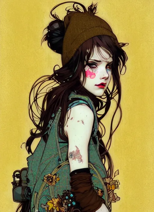 Prompt: highly detailed portrait of a moody sewerpunk young adult lady with a harris tweed holdy by greg tocchini, by krenz cushart, by alphonse mucha, by kaethe butcher, gradient yellow, black, brown and cyan color scheme, grunge aesthetic!!! ( ( graffiti tag city background ) )