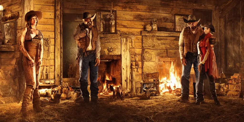 Prompt: in an old west cabin, close up shot a rugged, Dave Bautista cowboy standing ((alone)) at the fireplace and Mila Jovovich ((alone)) in the doorway, in the style of Fredrick Remington, oil painting